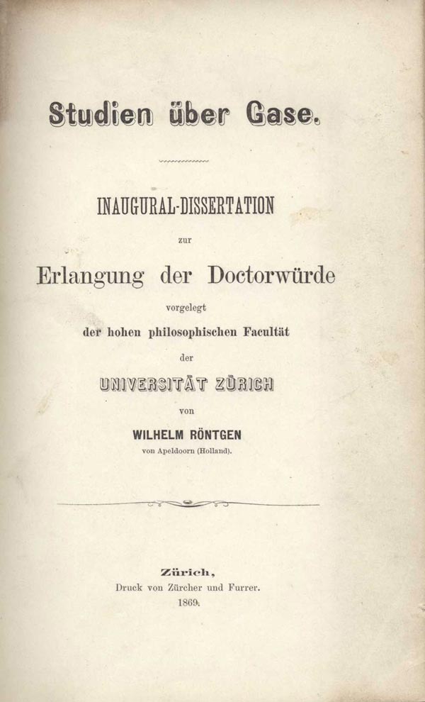 Manuskriptseite mit dem Titel Studien über Gase zur Erlangung der Doctorwürde.