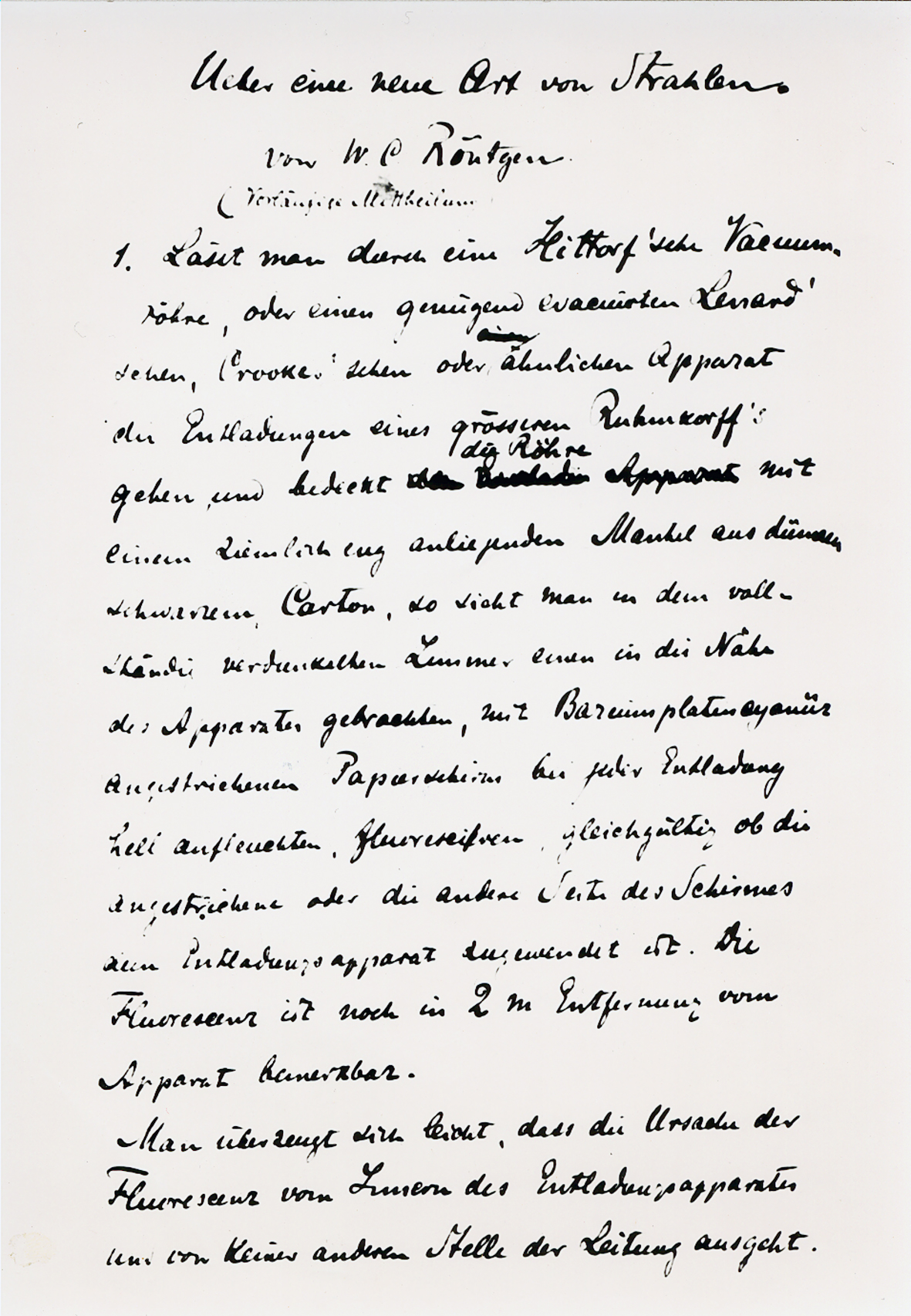 Handgeschriebener Text mit der Überschrift Eine neue Art von Strahlen von W.C. Röntgen