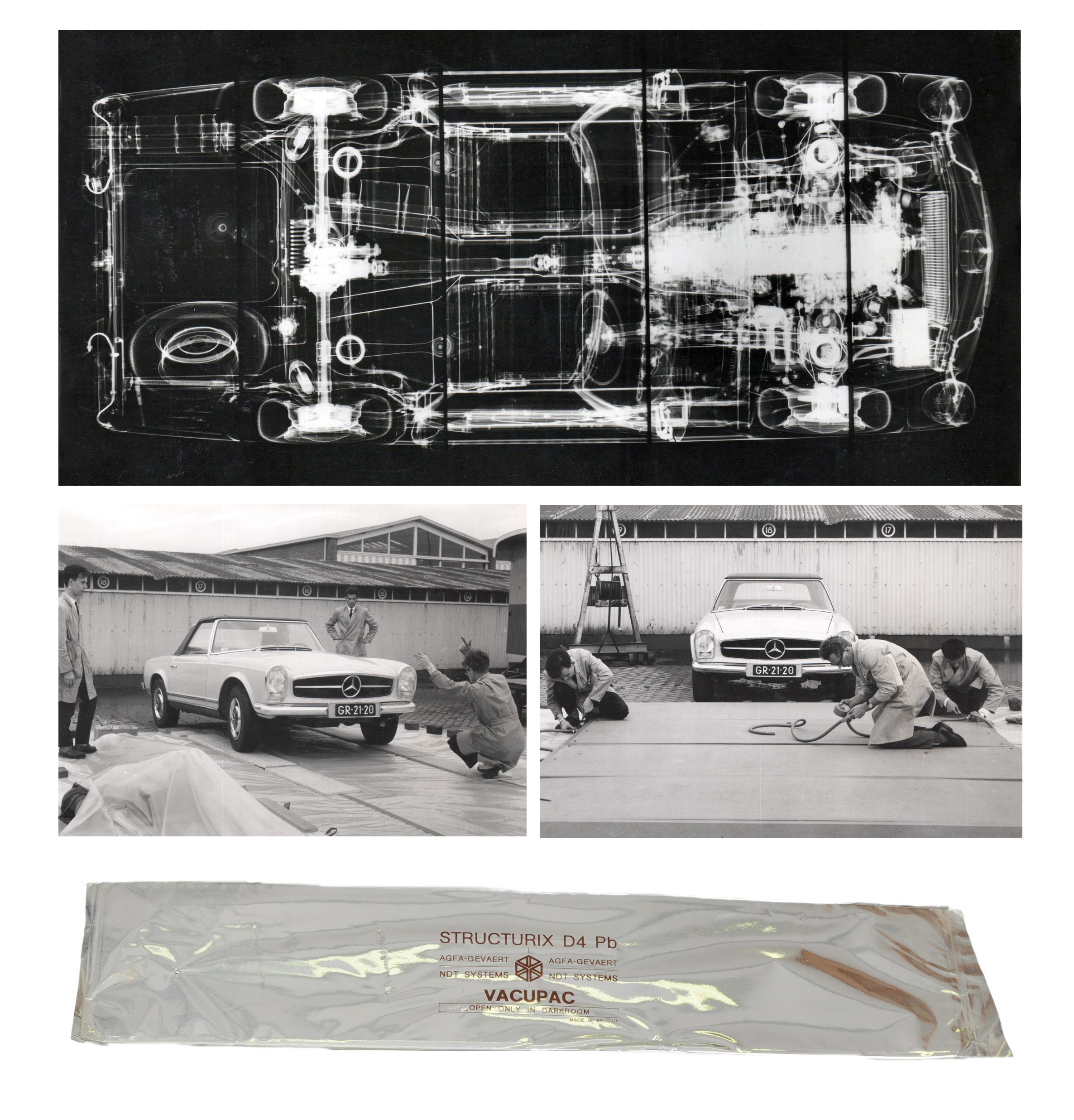 Collage über die Aufnahme und das Ergebnis einer Röntgenaufnahme eines Mercedes 230 SL.